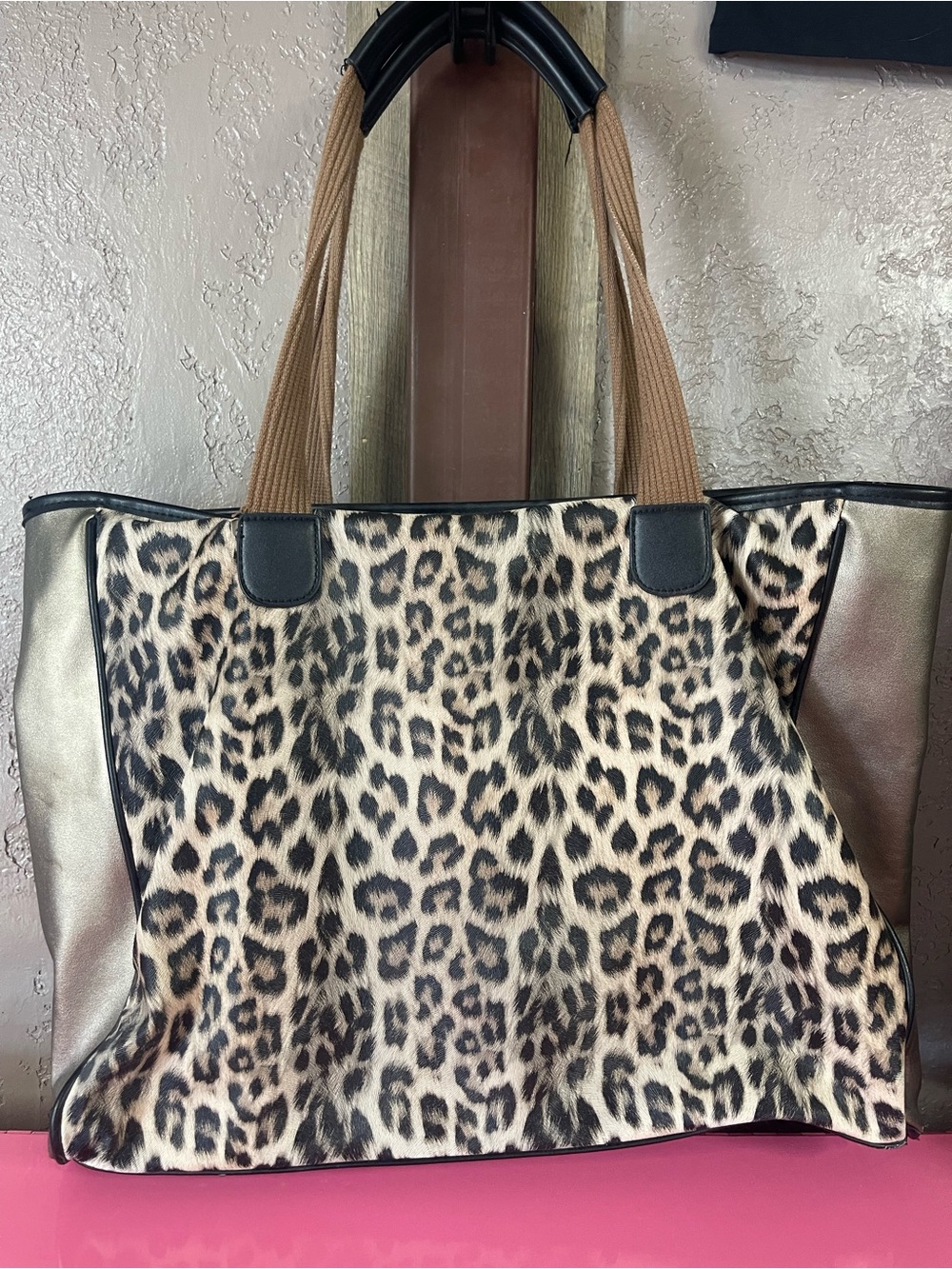 Cheetah Print Tote Bag with Metallic Side Panels - Brown - Picture 4 of 10